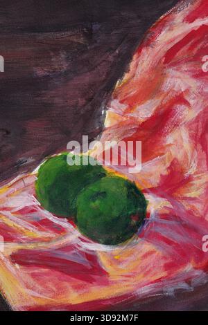 Peinture acrylique de fruit de citron vert sur un morceau de tissu peint dans un style abstrait. Banque D'Images