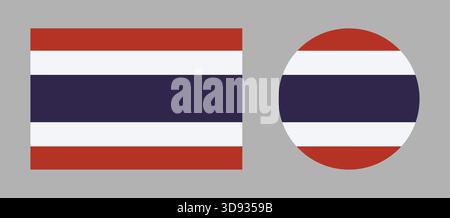 Drapeau national de Thaïlande rectangle, icônes de cercle. Drapeau de Thaïlande signe arrondi plat. Thaïlande rectangulaire, ensemble de drapeaux ronds. Illustration de Vecteur