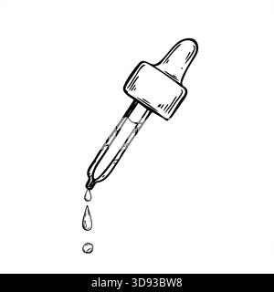 Pipette monochrome avec gouttes d'huile tombantes dessinées à l'encre noire art. Dessin par gravure D'ELEMENTS MEDICAUX ou COSMETIQUES dessinés a la main Illustration de Vecteur