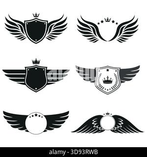 Illustration du logo Shield Set avec ailes et couronne sur fond blanc Illustration de Vecteur