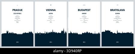 Ensemble de vecteur de voyage avec les skylines de la ville Prague, Vienne, Budapest, Bratislava, skylines détaillées de la ville illustration graphique minimaliste Illustration de Vecteur
