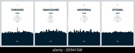 Ensemble de vecteur de voyage avec les skylines de la ville Toronto, Vancouver, Montréal, Ottawa détail des skylines de la ville illustration graphique minimaliste Illustration de Vecteur