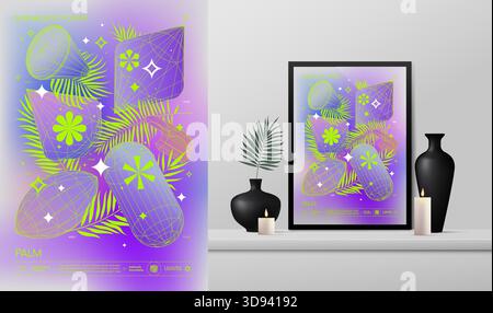 Vector gradient minimaliste rave Poster avec étranges wireframes graphique de formes géométriques Y2K design inspiré par le brutalisme et la maquette dans l'inte Illustration de Vecteur