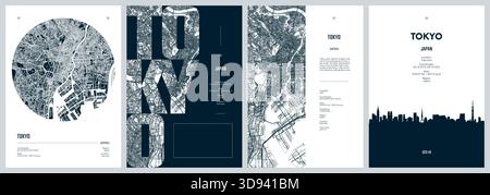 Ensemble d'affiches de voyage avec Tokyo, plan de rue urbain détaillé de la ville, silhouette de la ville, illustration vectorielle Illustration de Vecteur