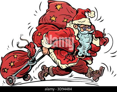 Le Père Noël apporte des cadeaux. Achetez des décorations et décorations de Noël. Offres spéciales pour les clients de vacances. Illustration de Vecteur