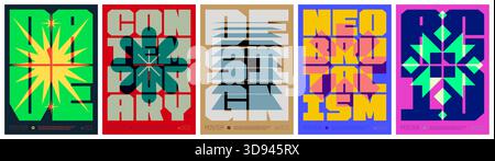 Lettrage composition affiche à la mode colorée, graphique acide géométrique abstrait dans l'esthétique de l'an 2000, formes simples vectorielles rave l'art imprimé modernisme et Illustration de Vecteur
