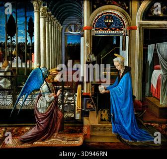 L'Annonciation 1445 Fra Carnevale (1425-1484) Italie Vierge Marie italienne, ange Gabriel, concevoir, porter un fils, naissance, mère de Jésus-Christ, Alte Pinakothek, Munich, Allemand, Allemagne, ( Annonciation , représente l'histoire biblique, dans laquelle, Archange Gabriel, annonce à la Vierge Marie, qu'elle a été choisie pour être la mère de Jésus, naissance du Christ, ( Banque D'Images