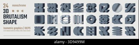 Éléments graphiques géométriques abstraits 3d postmodernes, formes vectorielles brutalistes, effet de verre de réfraction et de distorsion diverses formes, desi isométrique à la mode Illustration de Vecteur
