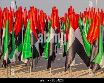 Des milliers de drapeaux des Émirats arabes Unis plantés dans le sable à Jumeirah Beach formant un vif affichage patriotique. Attribut de jour national Banque D'Images