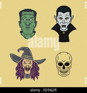 Un ensemble amusant d'Halloween avec des personnages effrayants classiques comme Frankenstein et sorcière dans un style vectoriel rétro coloré Illustration de Vecteur