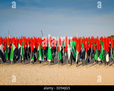 Des milliers de drapeaux des Émirats arabes Unis plantés dans le sable à Jumeirah Beach formant un vif affichage patriotique. Attribut de jour national Banque D'Images