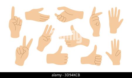 Signe plat de vecteur de doigt de geste de la main. Trois gestes de main de pose pointant le signe humain de dessin animé Illustration de Vecteur