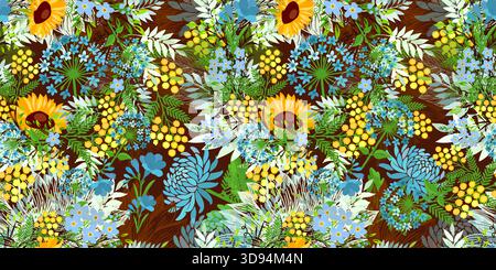 Riche motif floral sans couture avec tournesols et autres fleurs. Dessiné à la main. Pas ai, illustration vectorielle. Illustration de Vecteur