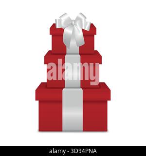 Tour boîte cadeau rouge avec ruban blanc. Pile de boîtes de cadeaux rouges, coffret cadeau 3D réaliste pour Noël, vacances, anniversaire et conception d'emballage Premium Illustration de Vecteur