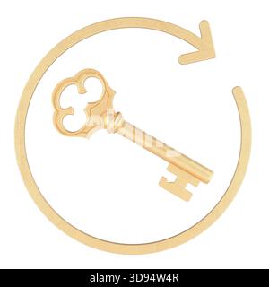 Clé vintage dorée à l'intérieur de la flèche circulaire. Rendu 3D isolé sur fond blanc Banque D'Images