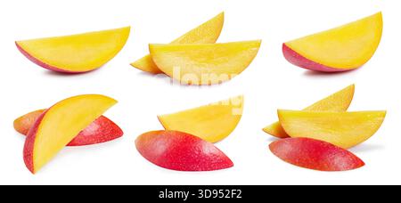Collection tranches de fruits de mangue. Big Set fruits de mangue frais. Chemin de découpe de mangue. Mango fruits prise de vue macro professionnelle en studio Banque D'Images