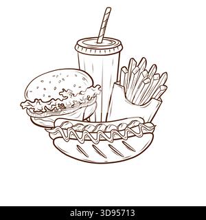 Un set de restauration rapide classique - un hamburger, un hot dog, des frites et un soda. Les graphiques vectoriels dans un style d'esquisse monochrome mettent en évidence les détails des ingrédients. Illustration de Vecteur