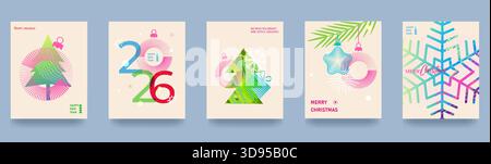 Un ensemble de cartes de Noël lumineuses. Coups de pinceau, dégradés vibrants et décorations de Noël. Design tendance, minimaliste et dynamique. Vecteur Illustration de Vecteur