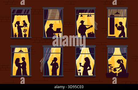 Fenêtres de nuit de quartier avec des silhouettes de personnes et des scènes de vie de mâle, femelle et famille, maison de vecteur. Fenêtres de nuit de quartier des voisins de personnes dans les chambres à la maison dans différentes activités Illustration de Vecteur