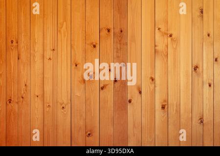 Les planches en bois verticales affichent un grain naturel riche, des nœuds et une finition dorée chaude, évoquant le charme architectural rustique Banque D'Images