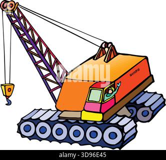 Illustration d'une grue sur chenilles orange avec un bras violet et un crochet jaune, actionnée par un travailleur portant un casque vert Illustration de Vecteur