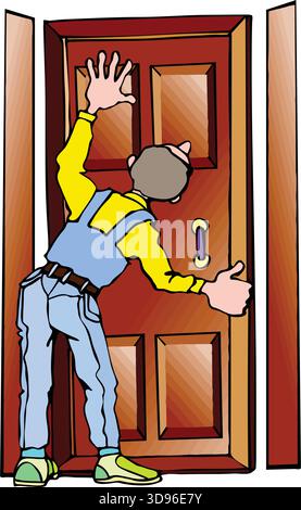 Une illustration d'un ouvrier en salopette bleue et une chemise jaune installant une porte en bois, donnant un pouce vers le haut Illustration de Vecteur