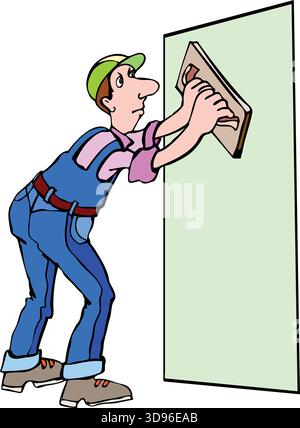 Illustration d'un travailleur portant un chapeau vert et une combinaison bleue ponçant un mur avec un bloc de ponçage Illustration de Vecteur