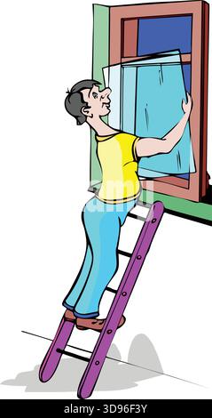 un ouvrier portant une chemise et une salopette, debout sur une échelle pour installer une vitre dans un cadre Illustration de Vecteur