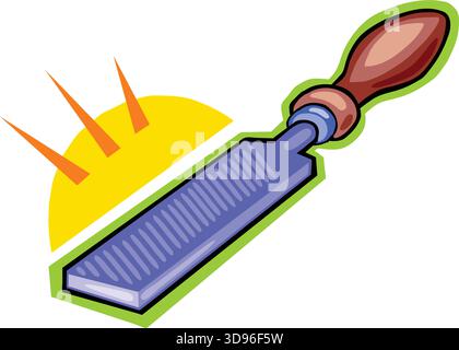 Illustration d'un outil de fichier Rasp Cut avec une poignée jaune et une lame bleue, sur fond vert Illustration de Vecteur