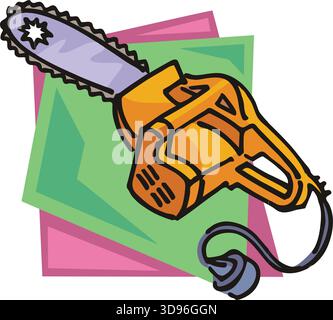 Illustration d'une tronçonneuse avec un corps orange, des accents bleus et une lame grise dans un style de dessin animé Illustration de Vecteur