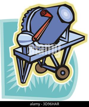 Une illustration d'un malaxeur à béton avec un corps bleu et une poignée rouge dans un style de dessin animé Illustration de Vecteur