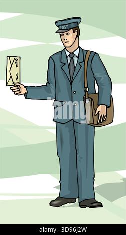 Illustration de style bande dessinée d'un facteur dans un uniforme bleu avec une casquette étiquetée POST Illustration de Vecteur