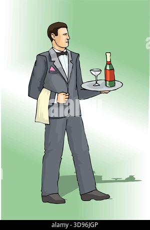 un serveur en costume formel et noeud papillon, tenant un plateau avec une bouteille de champagne et un verre Illustration de Vecteur