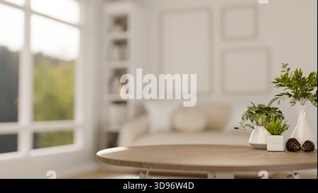 Glands décoratifs avec vase et plantes en pot vertes sur une table en bois dans un salon blanc avec canapé. Lecture ou étude, rendu 3D, illustration 3D. Banque D'Images