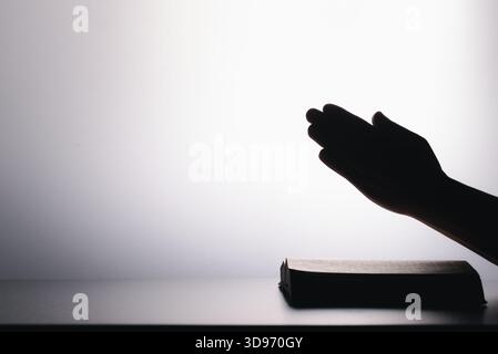 Mains dans la prière sur la sainte Bible dans le concept de l'église pour la foi, la spiritualité et la religion. Femme méconnaissable tenant une Bible dans ses mains et priant. H Banque D'Images