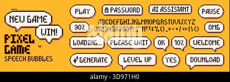 Pixel art ensemble de bulles de parole et alphabet pour remplacer les mots sur fond jaune. Illustration de Vecteur