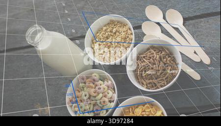 Affichage de cinq bols de céréales blanches sur la table en bois, bouteille de lait, cuillères, grille AR, boîtes bleues, tiques Banque D'Images