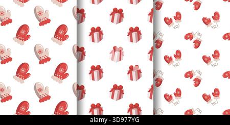 Trois motifs festifs en papier cadeau rouge et beige, des boîtes cadeaux roses avec des noeuds et des moufles rouges avec des ficelles. Disposition en diagonale sans couture Illustration de Vecteur