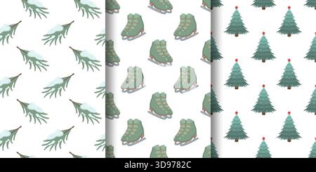 Trois motifs verticaux sur le thème de l'hiver, des branches de pin enneigées, des patins à glace verts et des arbres de Noël décorés d'étoiles rouges Illustration de Vecteur