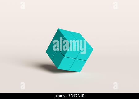 Cube turquoise fait de petits cubes flottant sur un fond blanc, parfait pour les concepts liés à la stratégie, la logique et la résolution de problèmes Banque D'Images