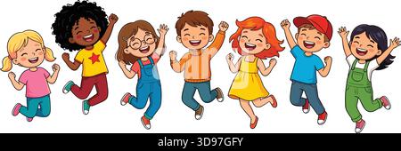 Enfants de dessin animé sautant, expression joyeuse, tenues diverses, scène de célébration, vecteur coloré, bonheur de l'enfance, isolé, illustration de stock, p Illustration de Vecteur
