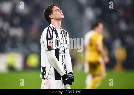 Turin, Italie. 02 décembre 2025. TURIN, ITALIE - 2 DÉCEMBRE : Kenan Yildiz du Juventus FC réagit lors du match de la Coppa Italia entre la Juventus FC et Udinese Calcio au stade Allianz le 2 décembre 2025 à Turin, en Italie. (Photo Alberto Gandolfo/Agence BSR) crédit : Agence BSR/Alamy Live News Banque D'Images