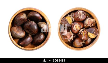 Châtaignes douces, crues et fraîchement rôties dans des bols en bois. Fruits non décortiqués de Castanea sativa à gauche, et rôtis au four, à droite. Banque D'Images