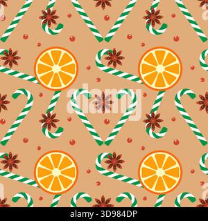 Motif festif avec tranches rondes orange, cannes de bonbon blanc-vert et anis. Épices de Noël sur fond brun doux. Pour emballage et papier peint. Illustration vectorielle Illustration de Vecteur