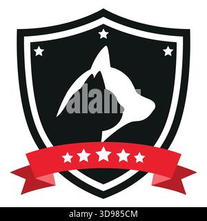 Illustration des silhouettes d'un chien et d'un chat sur un bouclier avec une bannière rouge sur un fond blanc. Illustration de Vecteur