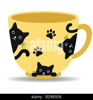Illustration d'une tasse jaune avec des images de chats noirs mignons sur un fond blanc. Illustration de Vecteur