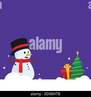 Illustration d'hiver avec un bonhomme de neige joyeux dans un chapeau haut-de-forme noir et une écharpe rouge, debout à côté d'un arbre de Noël. Illustration de Vecteur