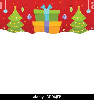 Illustration plate de Noël festive avec boîtes-cadeaux empilées et deux arbres de Noël décorés sur une base blanche comme espace de copie. Illustration de Vecteur