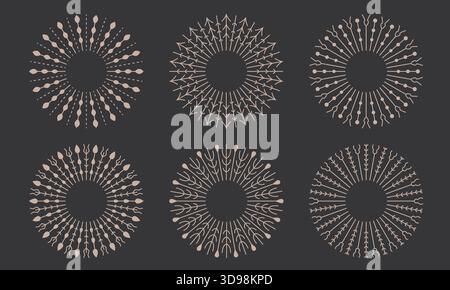 Soleil abstrait de style boho mistery, sunburst, formes d'étoiles. Ligne minimaliste éléments botaniques. Design moderne avec des motifs de géométrie sacrée parfait Illustration de Vecteur