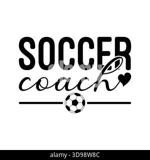 Typographie noire simple "entraîneur de football" avec soulignement de script, petit coeur et icône de ballon de football, conception minimaliste du logo entraîneur de sport pour t-shirts, capuche Illustration de Vecteur